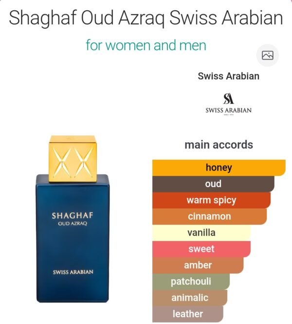 Shaghaf Oud Azraq 75ml
شغف عود ازرق ٧٥ملي من سويس اريبيان