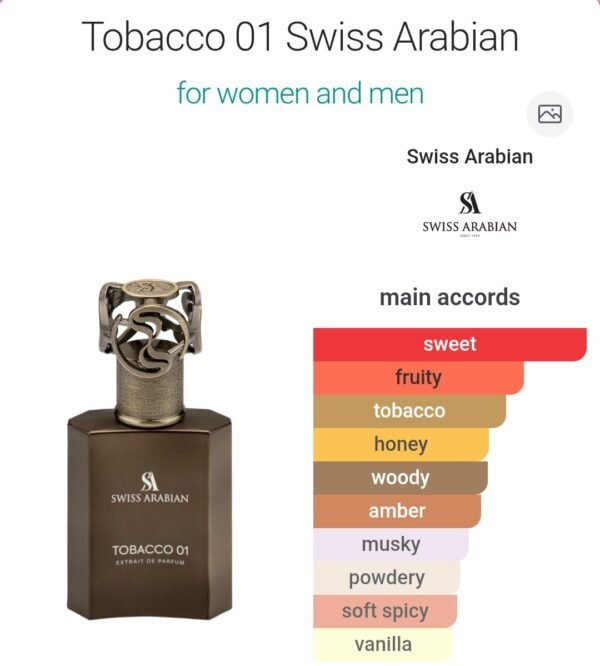 Tobacco 01 50ml Swiss Arabian
توباكو ٠١ ٥٠ملي من سويس اريبيان