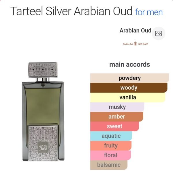 Tarteel Silver 75ml Arabian Oud
ترتيل سيلفر ٧٥ملي من العربية للعود